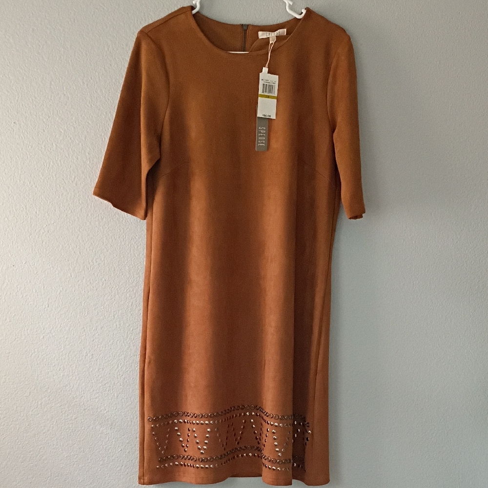 Chic Tan Midi Dress with Studded Hem